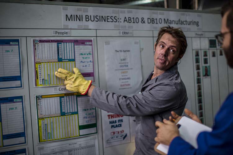 Ein Mitarbeiter steht in einer dunklen Fabrik und zeigt auf ein unübersichtliches Shopffoor Management Board, an das Papierzettel und ausgedruckte Exceltabellen gehängt sind