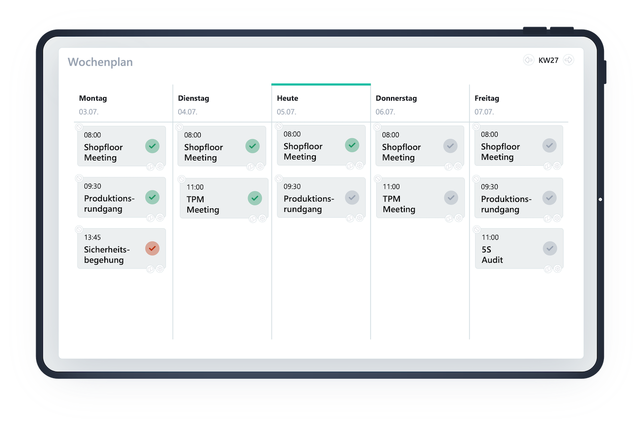 Screenshot der Shopfloor-Software von Scable, der Digitale T-Cards für die Umsetzung der täglichen Routinearbeiten zeigt.